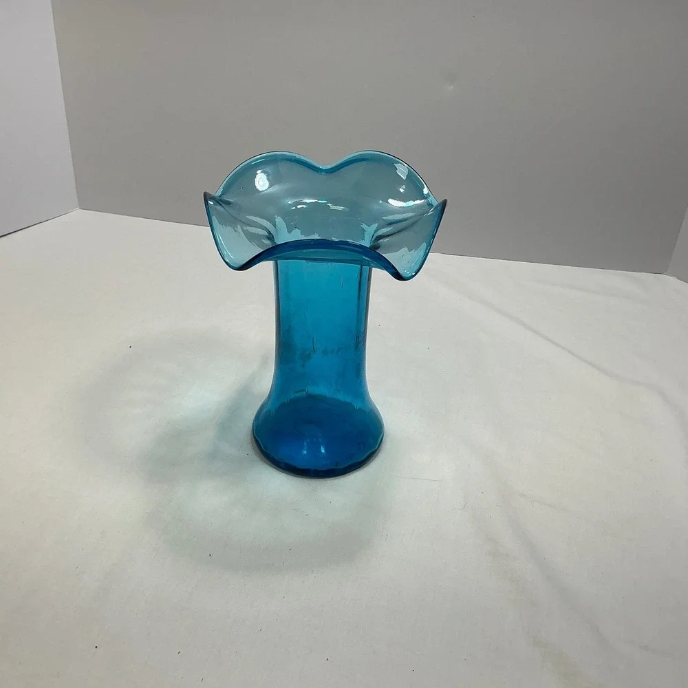 Blue Glass Vase Ruffled Rim Decor Bud Vase Flower Vase‎ Home Decor